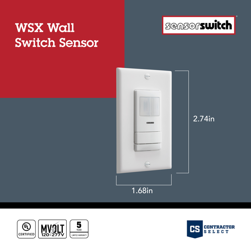 SENSORSWITCH Sensor Switch WSX PDT D WH Wallstation Wall Switch Sensor, 120 to 277 VAC, Passive Infrared/Microphonics Dual Technology Sensor, 20 ft Coverage, 180 deg