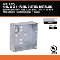 SOUTHWIRE SOUTHWIRE 52151-BX Southwire Steel Metallic Square Box Power 4 in. W x 1-1/2 in. D with Knockouts 52151-BX