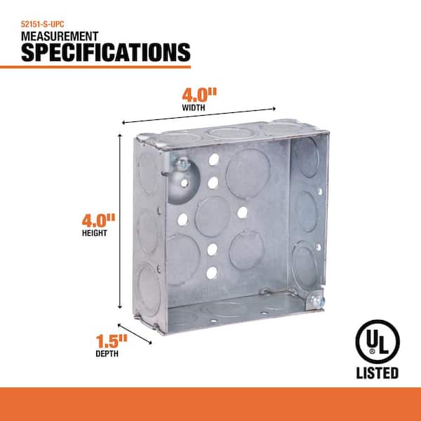 SOUTHWIRE SOUTHWIRE 52151-BX Southwire Steel Metallic Square Box Power 4 in. W x 1-1/2 in. D with Knockouts 52151-BX