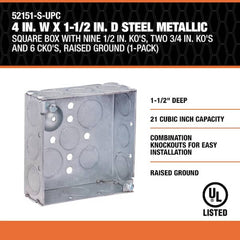 SOUTHWIRE SOUTHWIRE 52151-BX Southwire Steel Metallic Square Box Power 4 in. W x 1-1/2 in. D with Knockouts 52151-BX