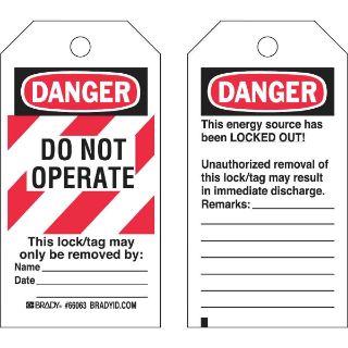 BRADY Brady 65520 Danger Do Not Operate Energy Source Lockout Tagout Tags Heavy Duty Polyester Pack of 25