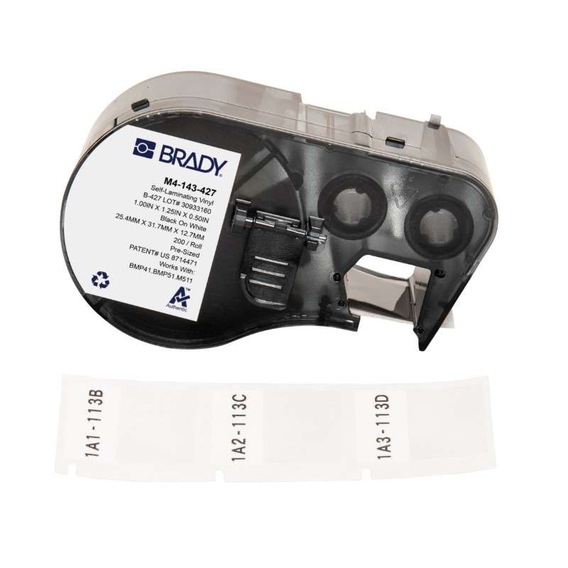 BRADY Brady M4-143-427 Self-Laminating Vinyl Wrap Around Labels 1.25H x 1W BK/WT/CL RL/200