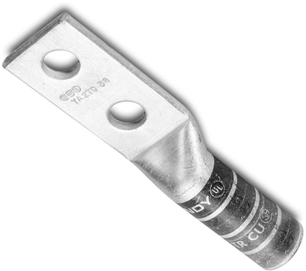 BURNDY Burndy YA2C2TC14E2 2 AWG CU, Two Hole, 1/4 Stud Size, 3/4 Hole Spacing, Long Barrel Internal Chamfer, Tin Plated, UL/CSA, 90.C, Up to 35kV, Brown Color Code, 10 Die Index