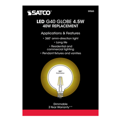 SATCO-NUVO Satco S9565 5.5 Watt G40 LED; Clear; Medium Base; 2700K; 500 Lumens; 120 Volt