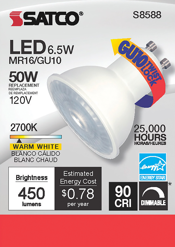 SATCO-NUVO Satco S8588 6.5 Watt LED MR16 LED 2700K 40 Degree Beam Angle GU10 Base 120 Volt