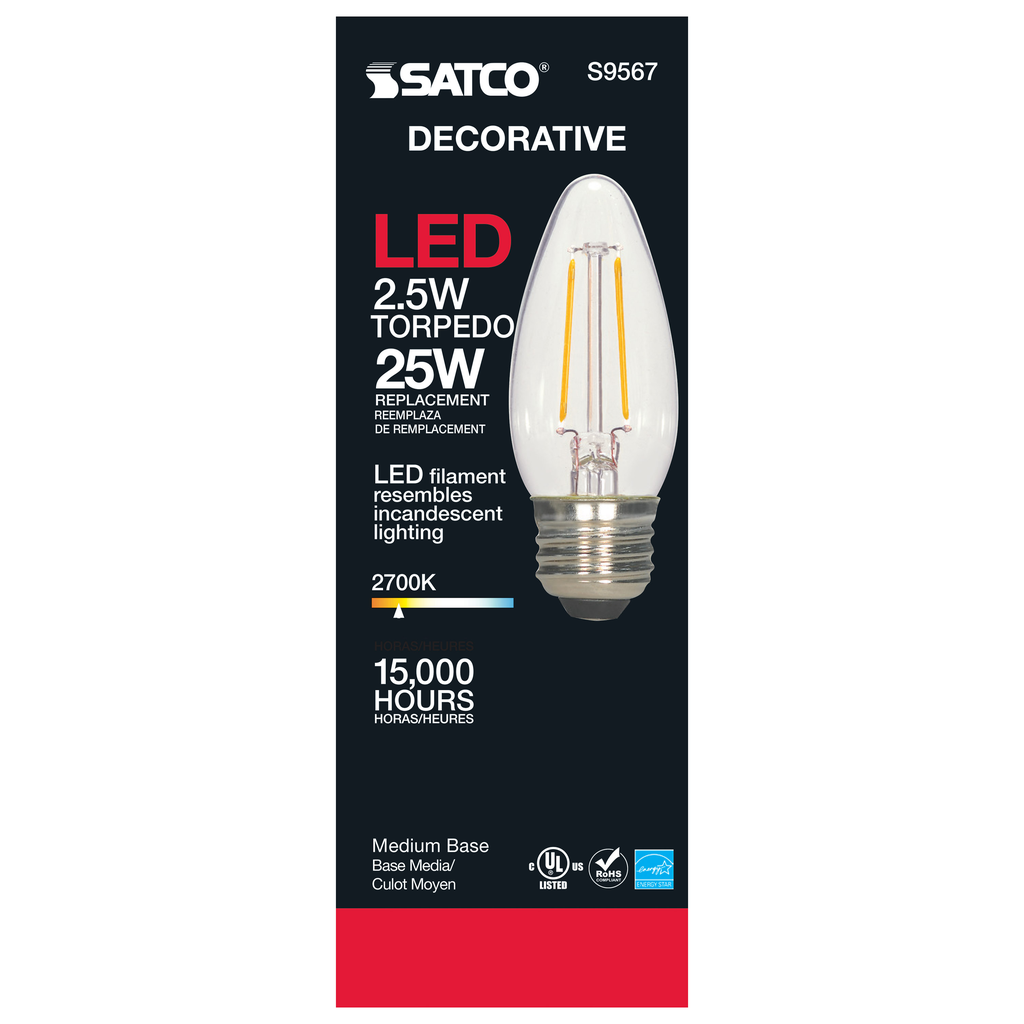 SATCO-NUVO Satco S9567 2.5 Watt B10 LED Candle Clear Medium Base 2700K