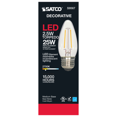 SATCO-NUVO Satco S9567 2.5 Watt B10 LED Candle Clear Medium Base 2700K