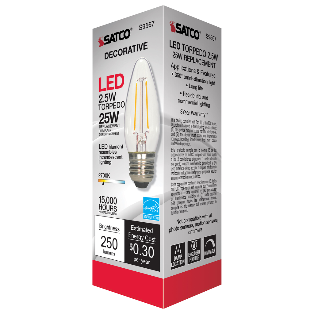 SATCO-NUVO Satco S9567 2.5 Watt B10 LED Candle Clear Medium Base 2700K