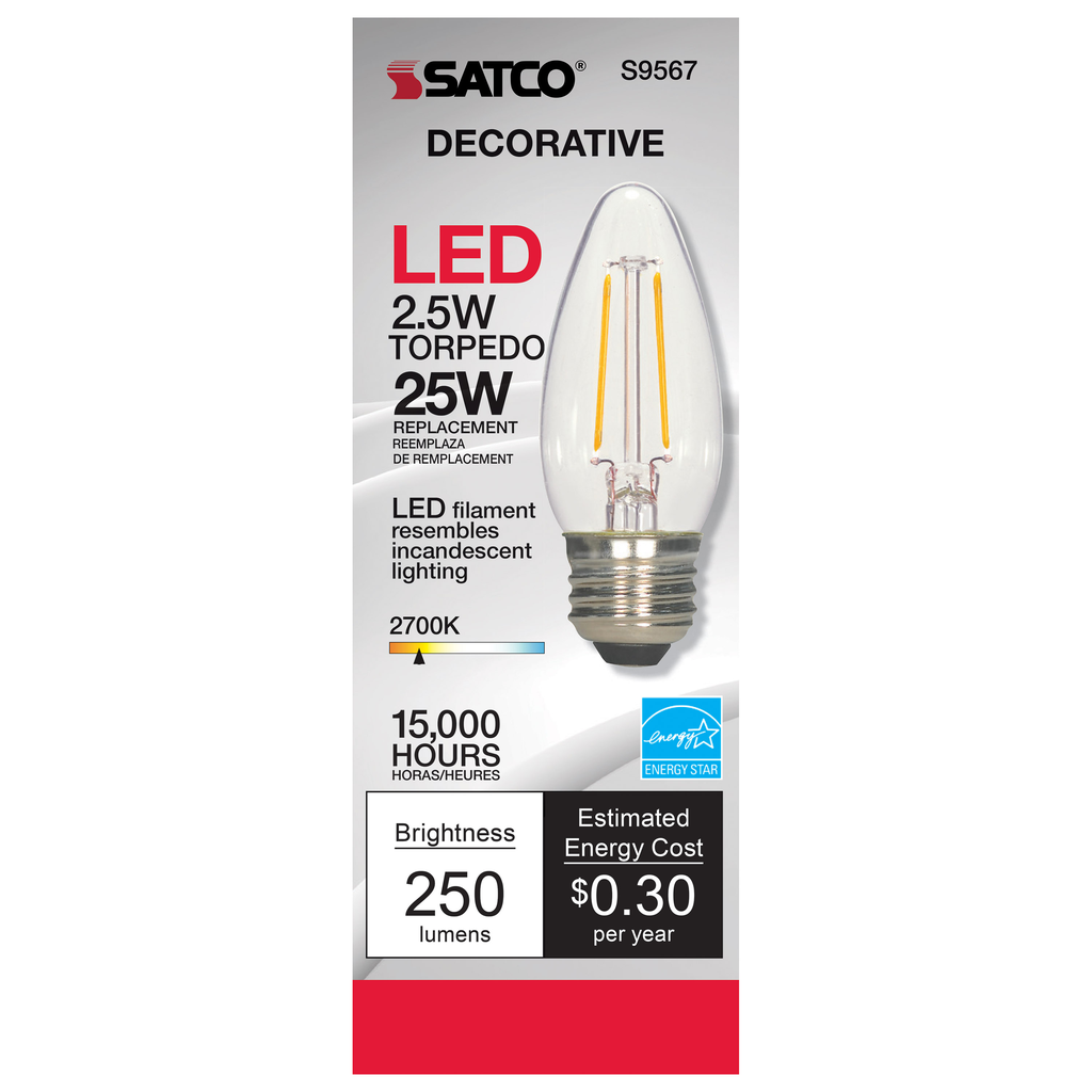 SATCO-NUVO Satco S9567 2.5 Watt B10 LED Candle Clear Medium Base 2700K