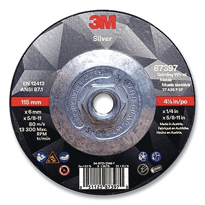 3M 3M 7010362237 Silver Depressed Center Grinding Wheel, 4-1/2 in Dia, 36 Grit