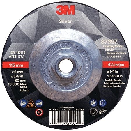3M 3M 7010362237 Silver Depressed Center Grinding Wheel, 4-1/2 in Dia, 36 Grit