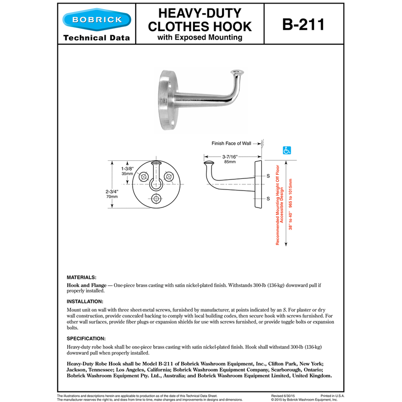 BOBRICK Bobrick 211 Heavy-Duty Clothes Hook