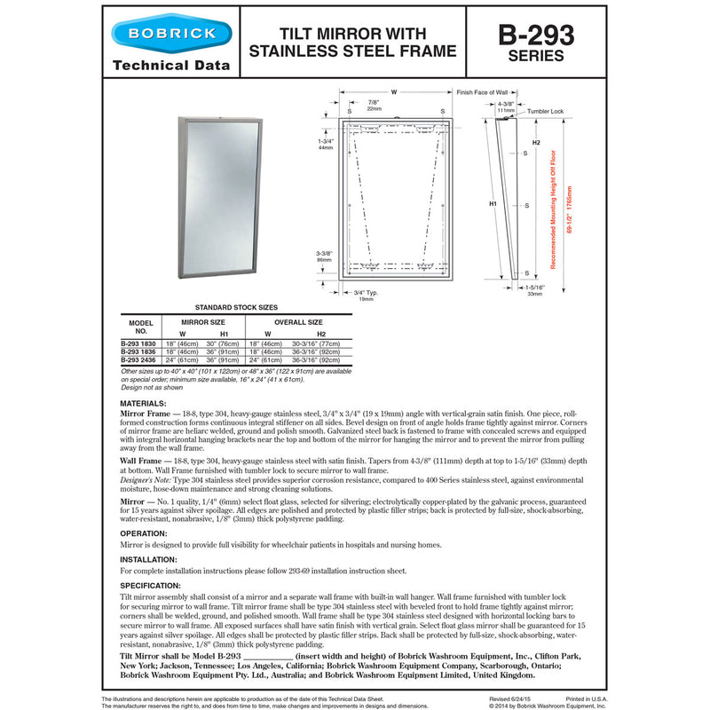 BOBRICK BOBRICK 2931830 Fixed-Position Tilt Mirror 18 x 30 Inches
