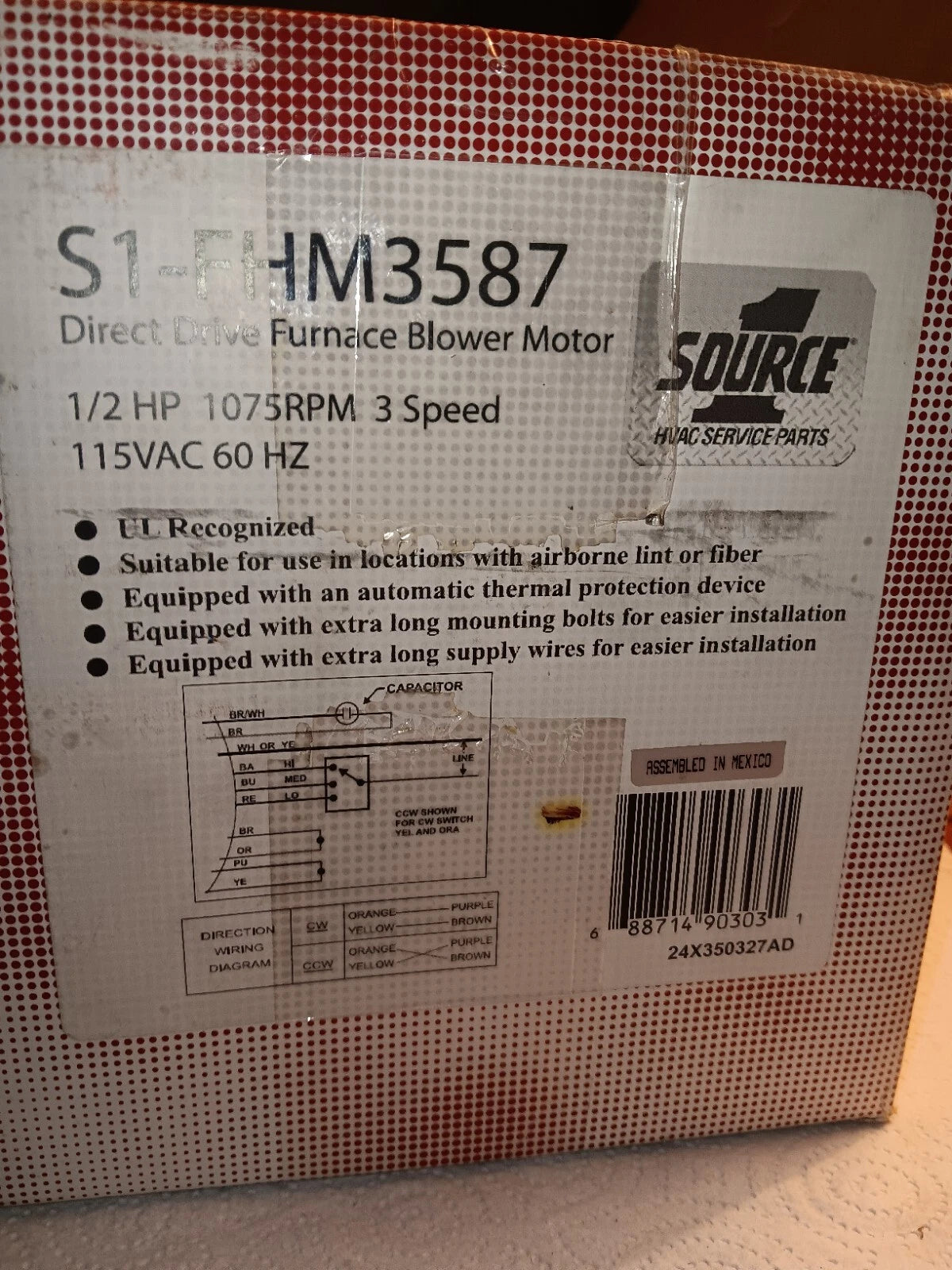 YORK SOURCE1 FHM3587 Reversible Blower Motor 1/2 HP 115V 1075 RPM