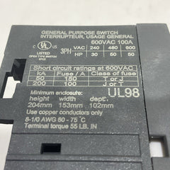 THOMAS & BETTS Thomas & Betts OT100F3 Disconnector Switch 100A