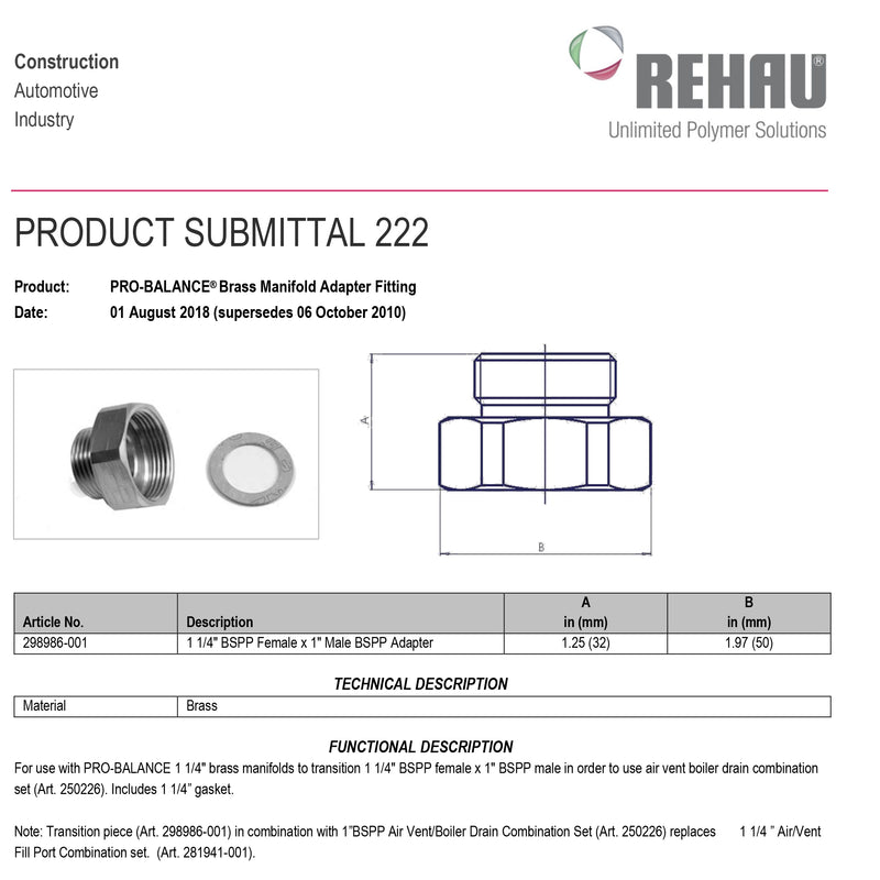 REHAU REHAU 298986 Adapter 1-1/4 BSPF x 1 BSPM