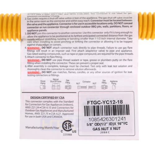 EVERFLOW EVERFLOW FTGC-YC12-18C Yellow Coated Stainless Steel Gas Connector