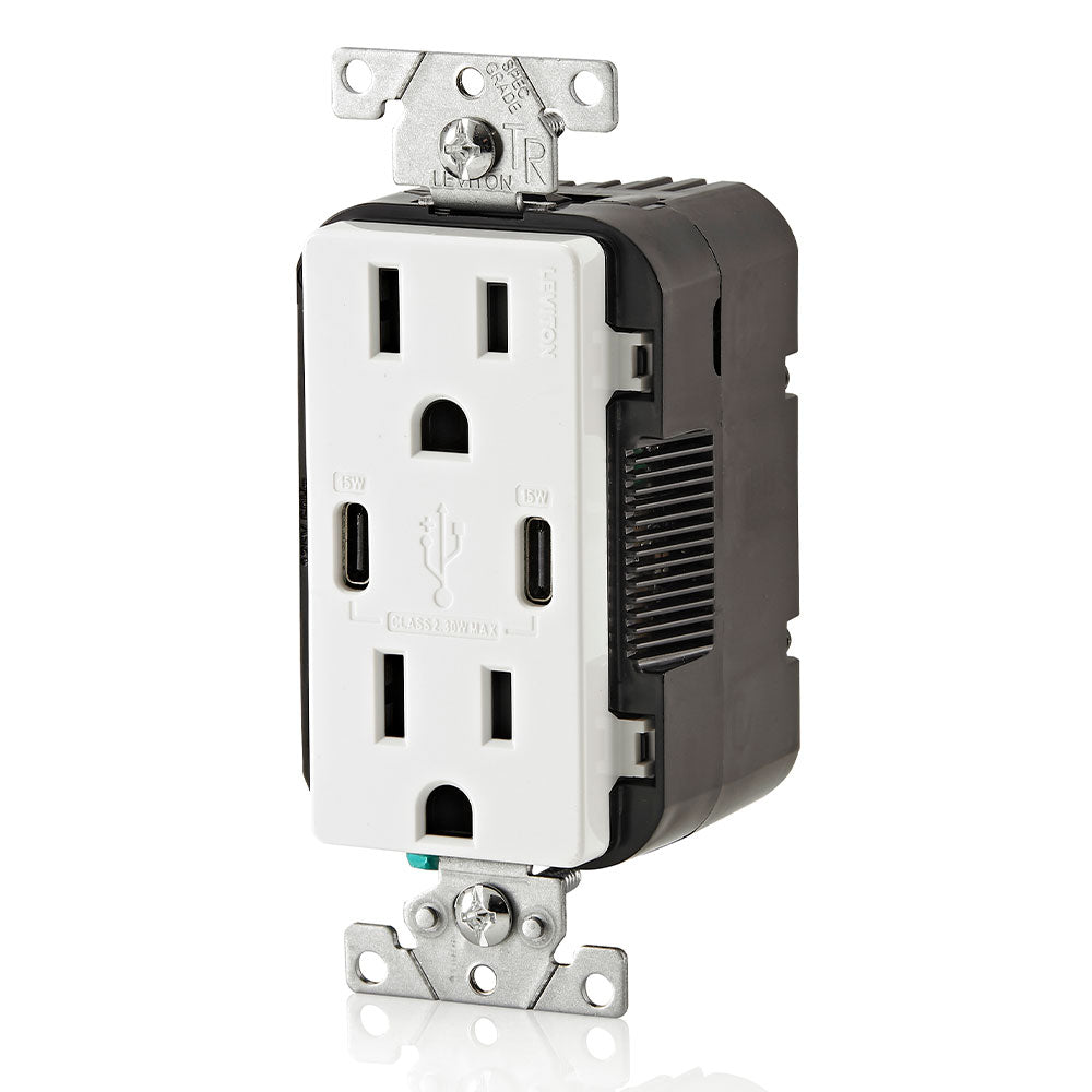 LEVITON Leviton T5637-W 30W USB Dual Type-C/C Wall Outlet Charger with 15A Tamper-Resistant Outlet