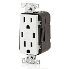 LEVITON Leviton T5637-W 30W USB Dual Type-C/C Wall Outlet Charger with 15A Tamper-Resistant Outlet
