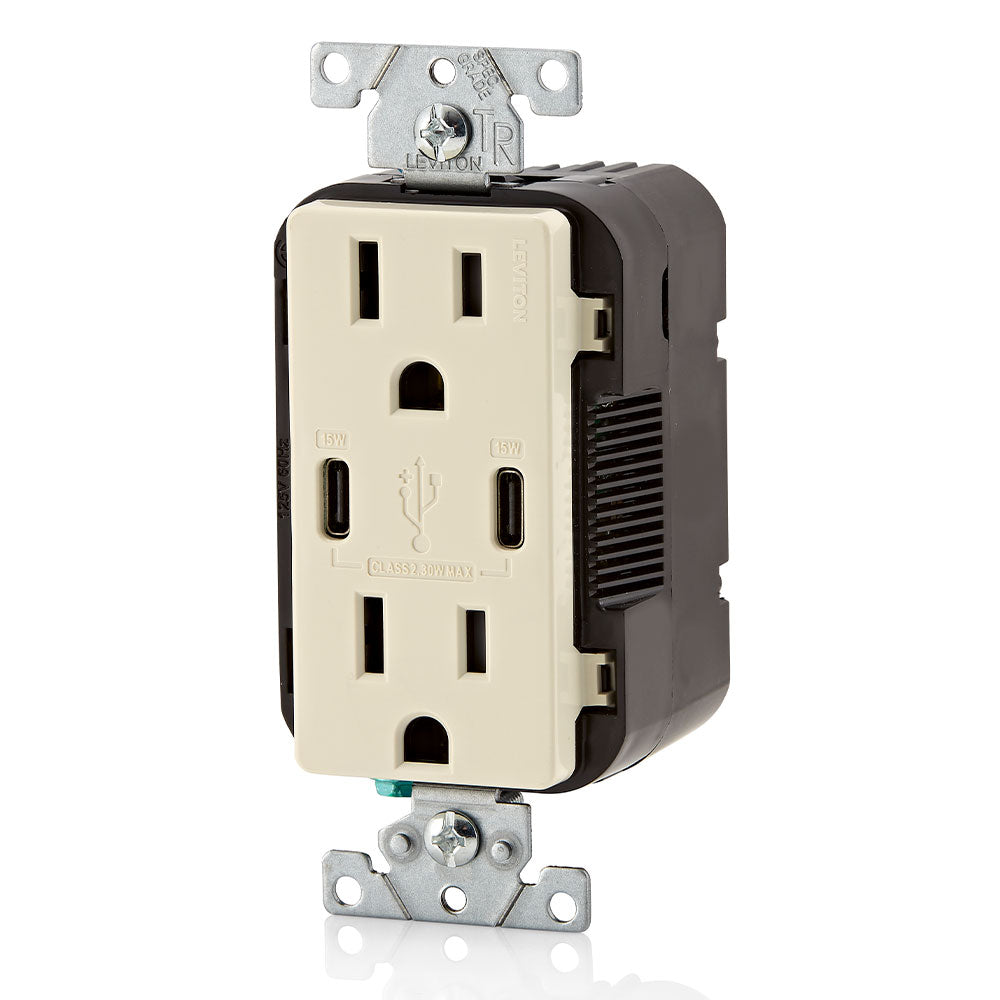 LEVITON Leviton T5637-W 30W USB Dual Type-C/C Wall Outlet Charger with 15A Tamper-Resistant Outlet