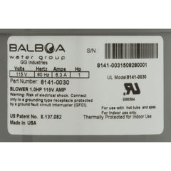 BALBOA WATER GROUP Balboa Water Group 8141-0030 Quiet-Flo Blower 1.0 HP 115V