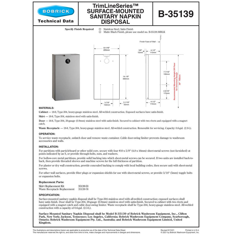 BOBRICK Bobrick 35139 Surface Mounted Sanitary Napkin Disposal