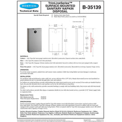 BOBRICK Bobrick 35139 Surface Mounted Sanitary Napkin Disposal