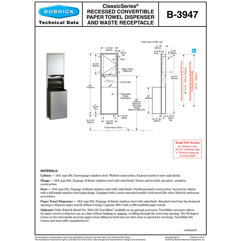 BOBRICK Bobrick 3947 Combination Paper Towel Dispenser and Waste Receptacle