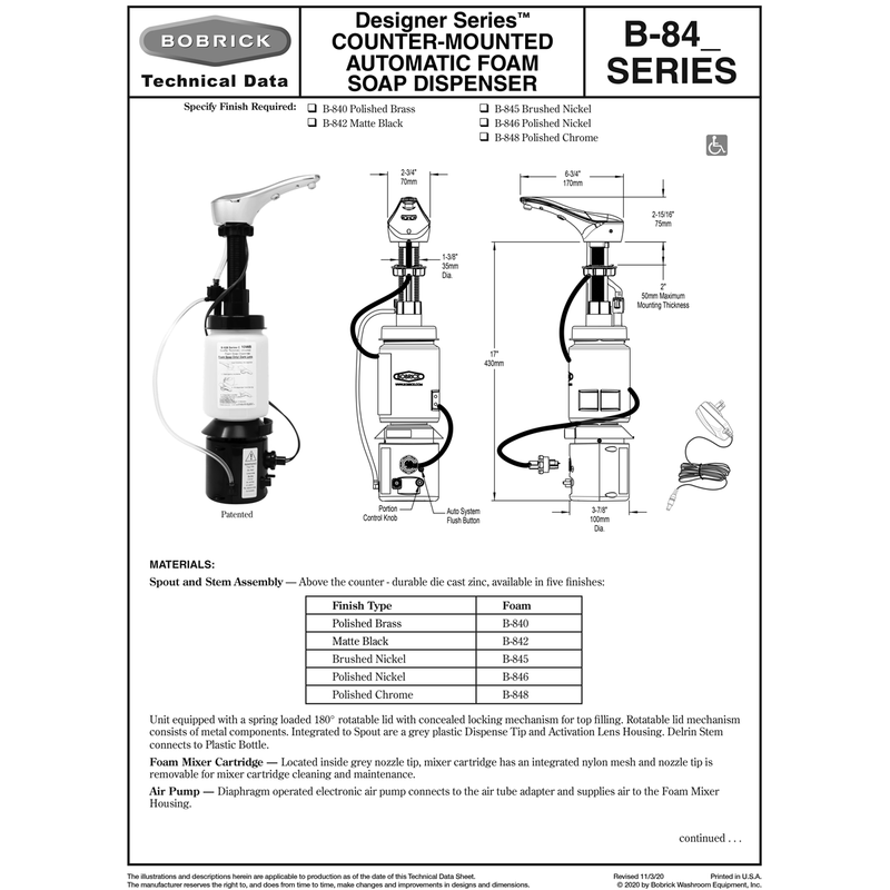 BOBRICK Bobrick 845 Designer Series Automatic Foam Soap Dispenser - Brushed Nickel