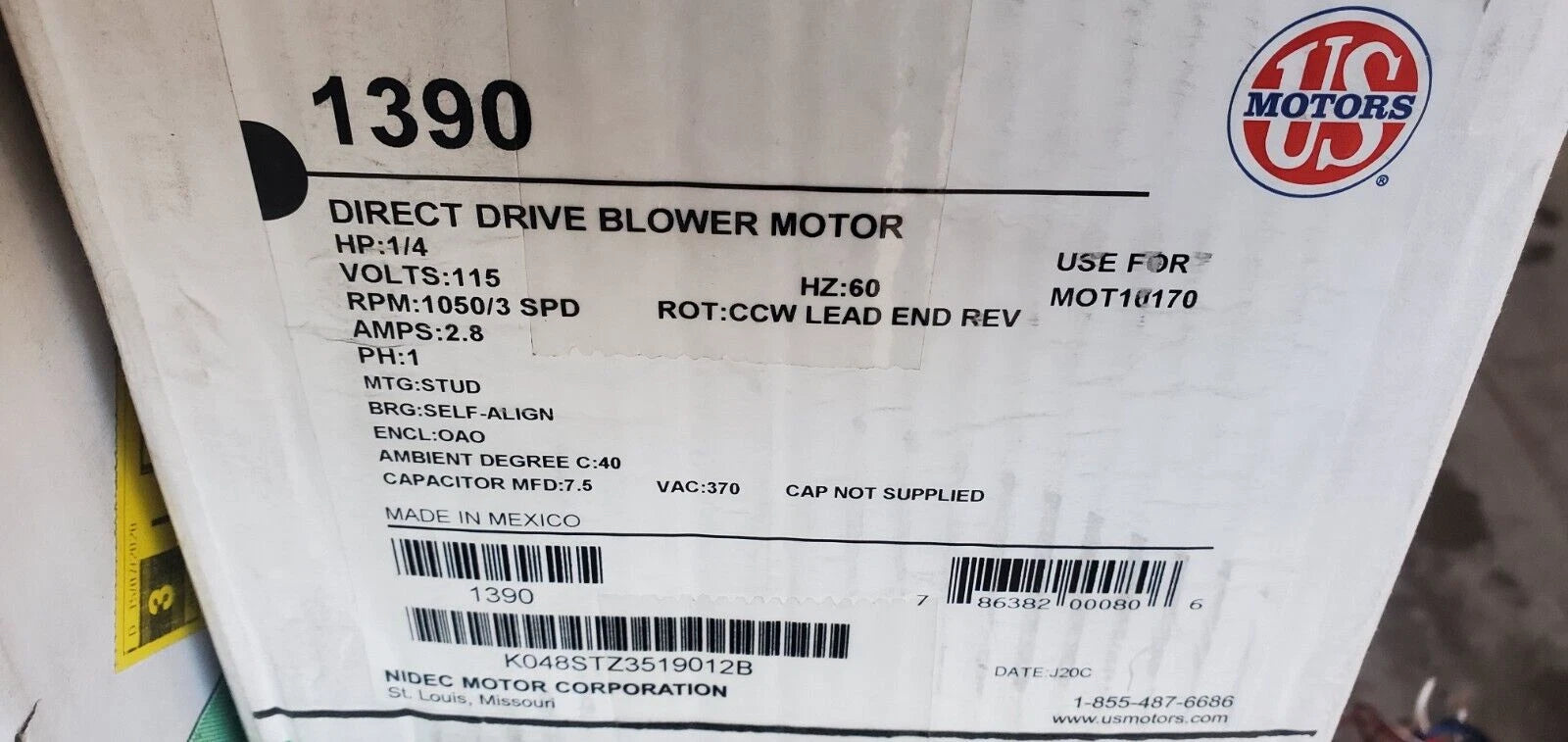 TRANE Trane MOT10170 Motor 1/4HP 115V 1050RPM 3Spd