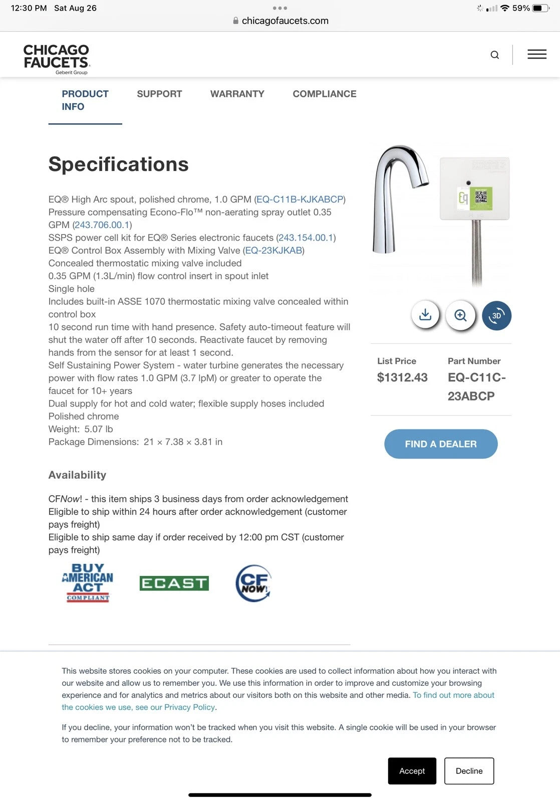 CHICAGO FAUCETS Chicago Faucets EQ-C11C-21ABCP EQ Series High Arc Lavatory Sink Faucet
