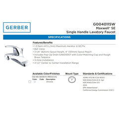 GERBER Gerber G0040115W Maxwell SE 1H Lavatory Faucet w/ Metal Pop-Up Drain 1.2gpm Chrome