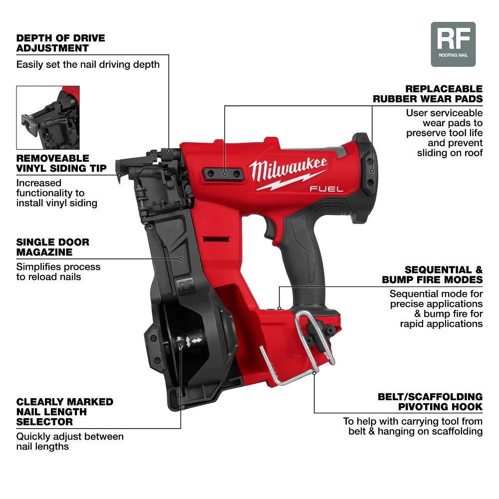 MILWAUKEE MILWAUKEE 2909-20 Milwaukee M18 FUEL 2909-20 Coil Roofing Nailer