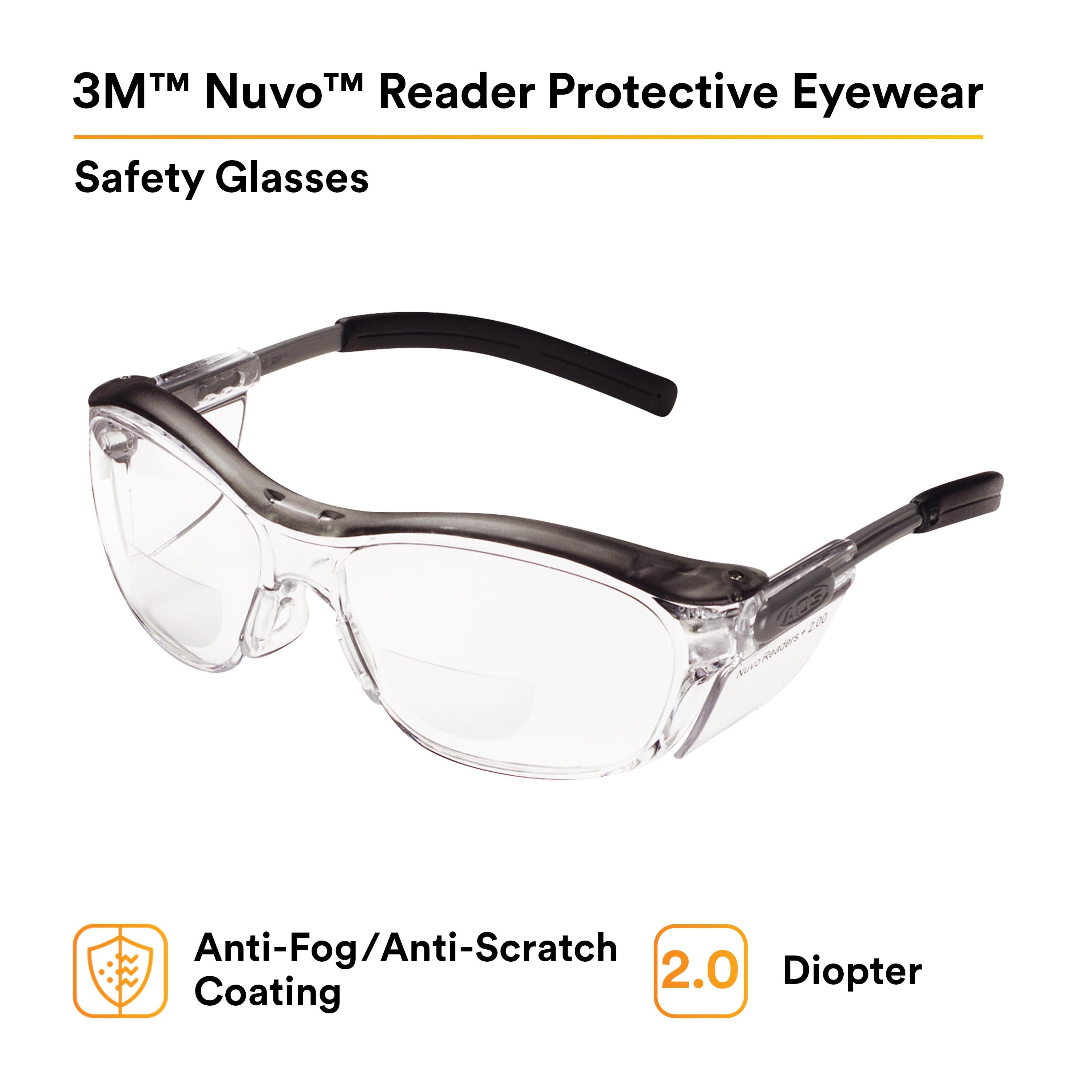 3M 3M 7000052798 Nuvo 2 Diopter Gray Safety Glasses With Clear Anti-Fog Lens