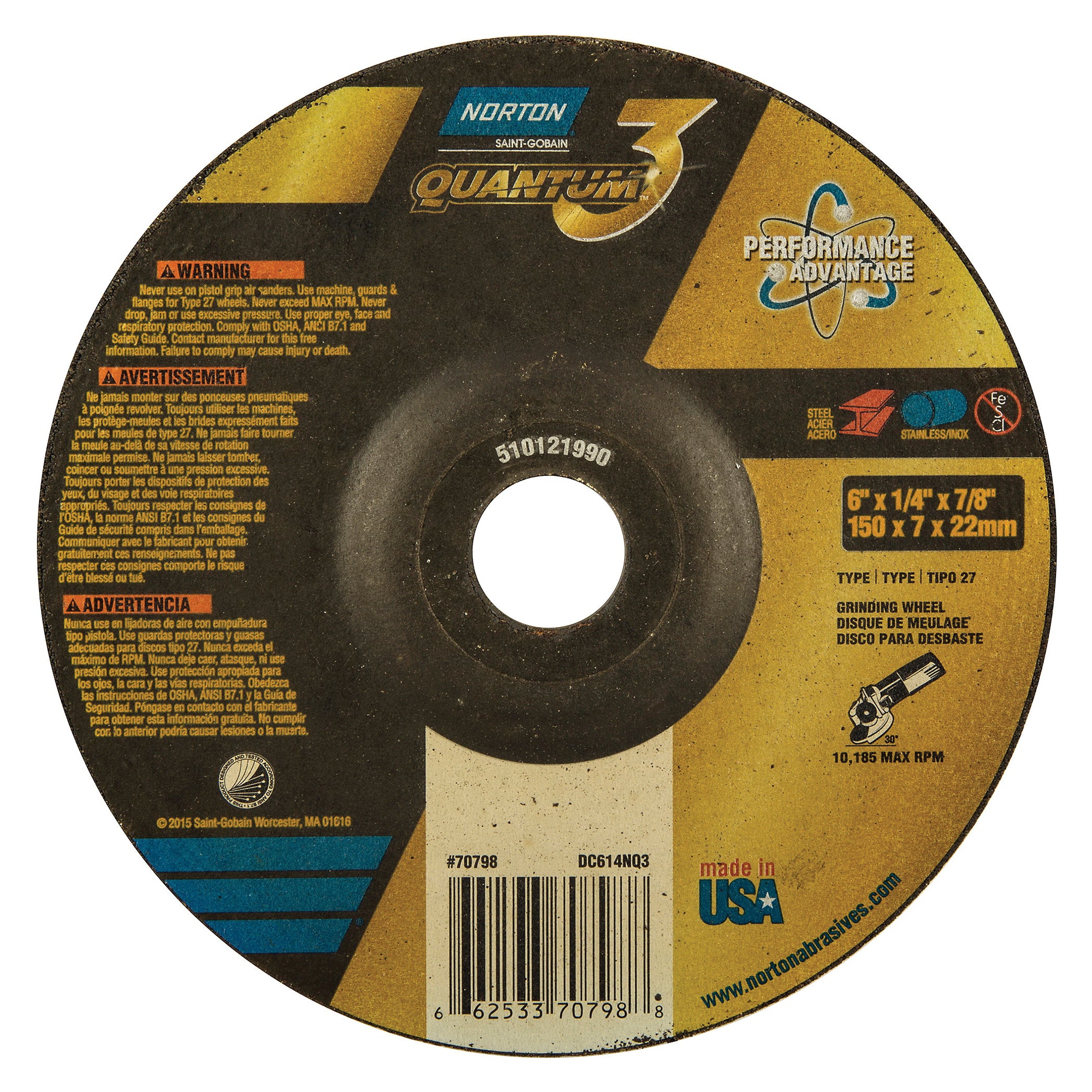 NORTON Norton 66253370798 Quantum3 SG Type 27 Grinding Wheel 20 Grit 6 in Dia