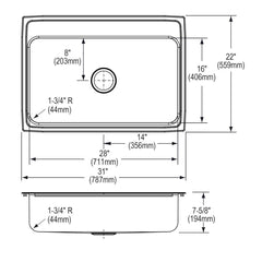 ELKAY Elkay LR31223 Lustertone Classic Stainless Steel 31 x 22 x 7-5/8 Single Bowl Drop-in Sink
