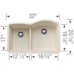 BLANCO BLANCO 443066 Diamond Silgranit 32 Reverse Double Bowl Undermount Kitchen Sink with Low Divide - Soft White