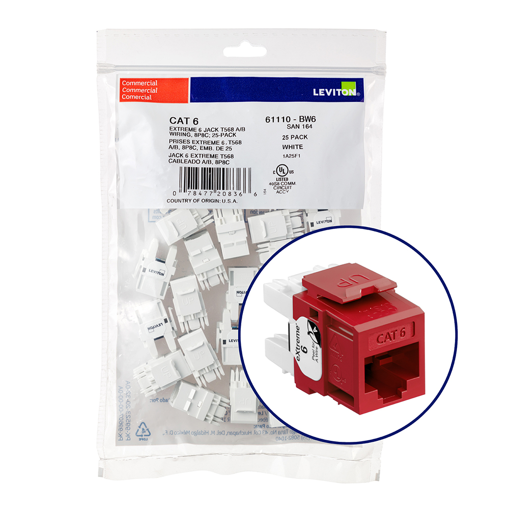 LEVITON Leviton 61110-BR6 eXtreme CAT6 QuickPort Jack QuickPack, 25-Pack, Dark Red