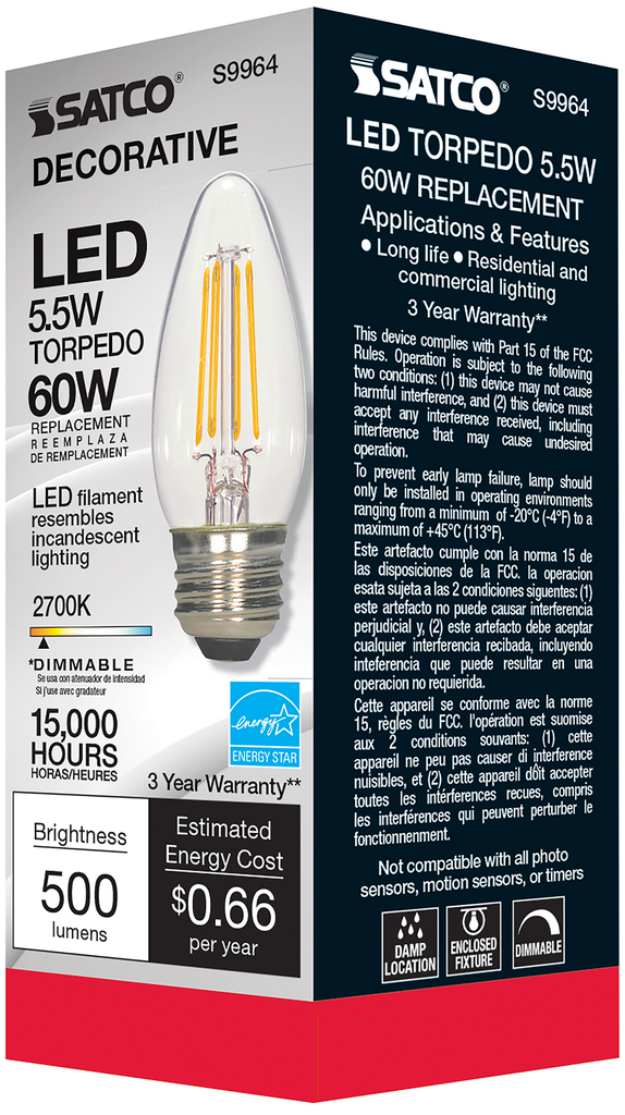 SATCO-NUVO Satco S9964 5.5 Watt C11 LED - Clear - Medium Base - 2700K - 500 Lumens - 120 Volts