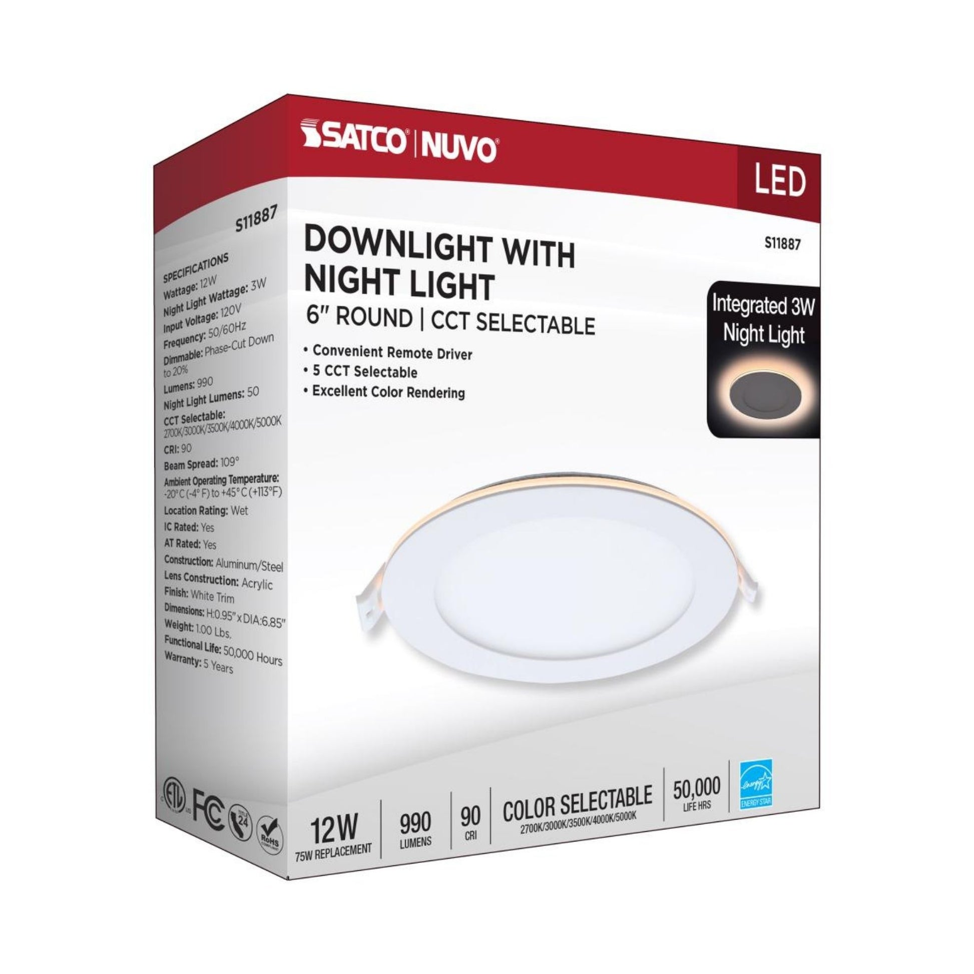 SATCO Satco S11887 12W LED Direct Wire Downlight with Night Light 6 Inch