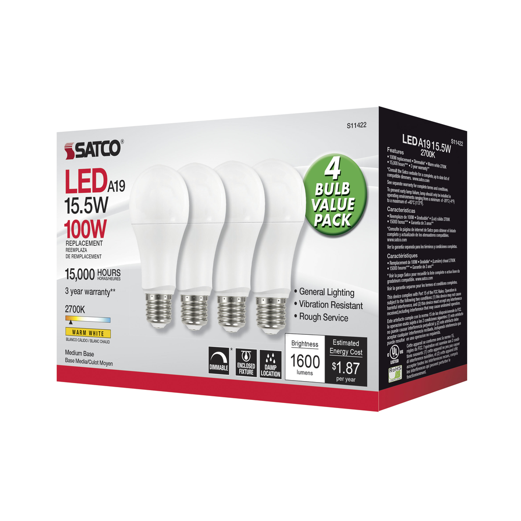 SATCO-NUVO Satco S11422 A19 LED 14 Watt 2700K Dimmable 4-Pack
