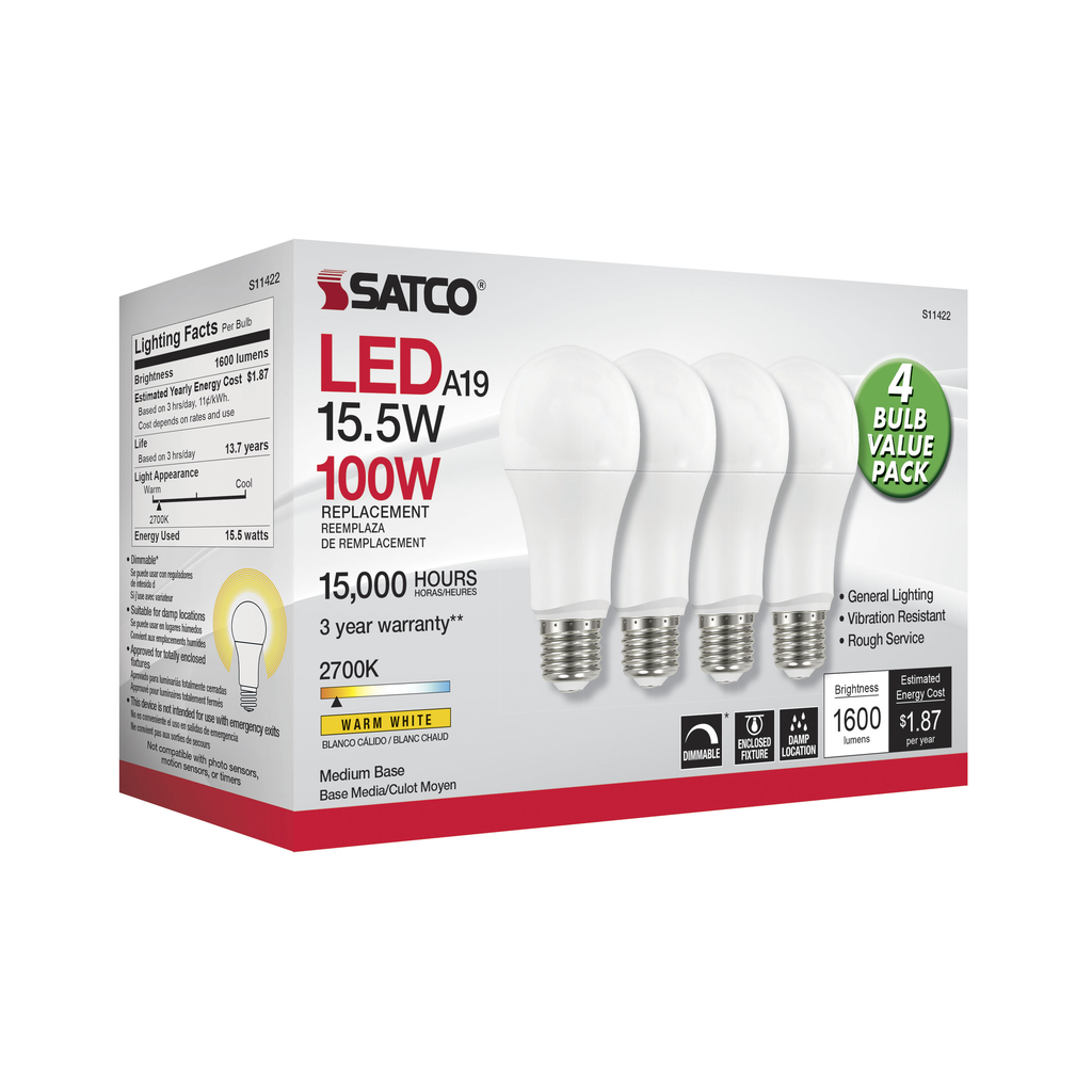 SATCO-NUVO Satco S11422 A19 LED 14 Watt 2700K Dimmable 4-Pack