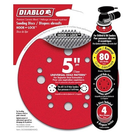 DIABLO Diablo DCD050080H04G 5 in 80 Grit Random Orbital Sanding Disc Hook and Lock 4-Pack