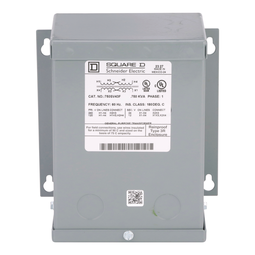 SCHNEIDER ELECTRIC Square D 750SV43F 0.75 kVa 120 x 240 VAC Primary 12/24 VAC Secondary Dry Type Buck and Boost Transformer