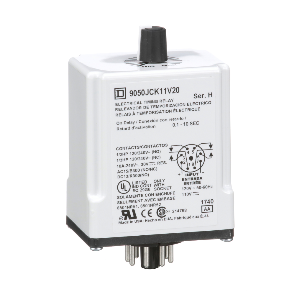 SCHNEIDER ELECTRIC Square D 9050JCK11V20 120 VAC 110 VDC Coil 10 Amp DPDT Socket Mount AC/DC Electronic Timing Relay