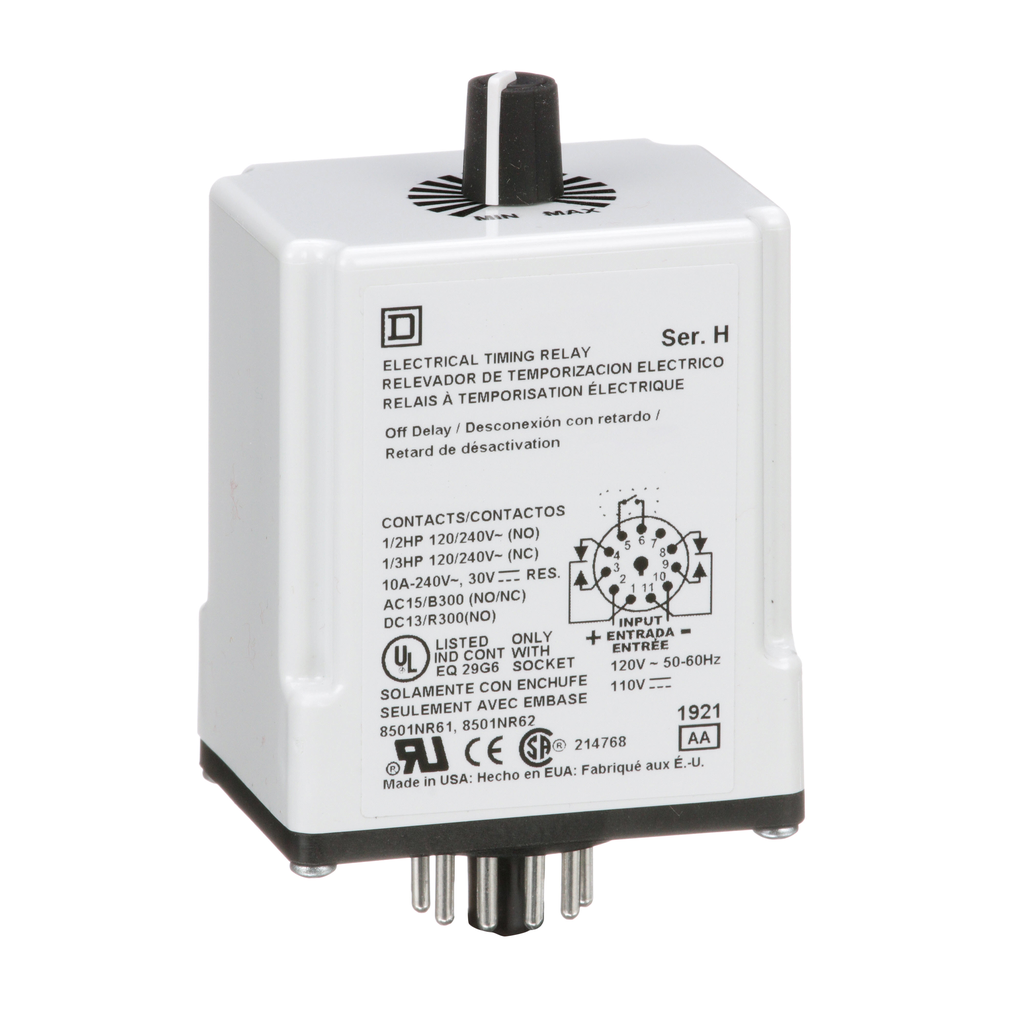 SCHNEIDER ELECTRIC Square D 9050JCK25V20 120 VAC 110 VDC Coil 10 Amp DPDT Plug-In Socket Mount AC/DC Timing Relay