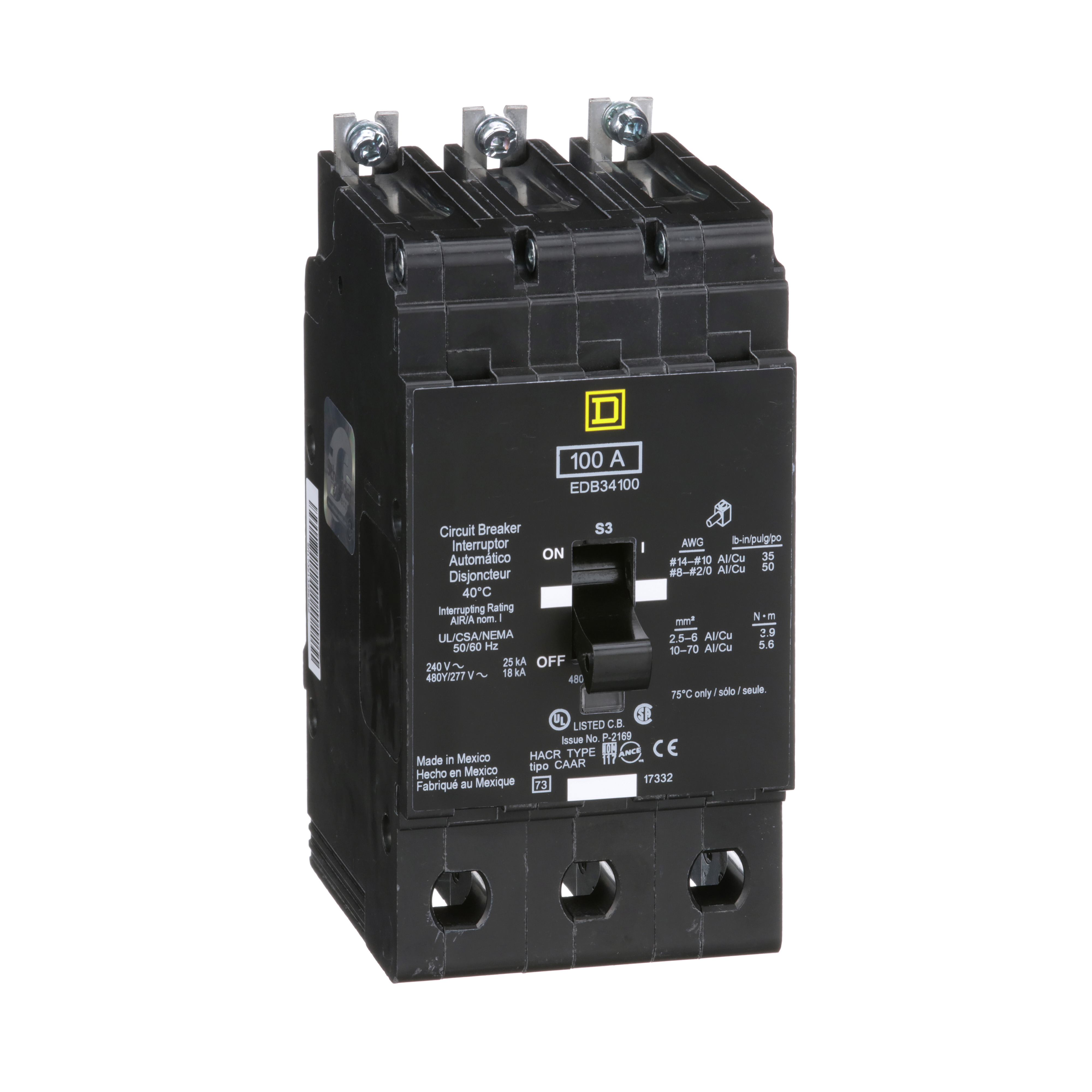SCHNEIDER ELECTRIC Square D EDB34100 Miniature Circuit Breaker 480Y/277 Volt 100 Amp