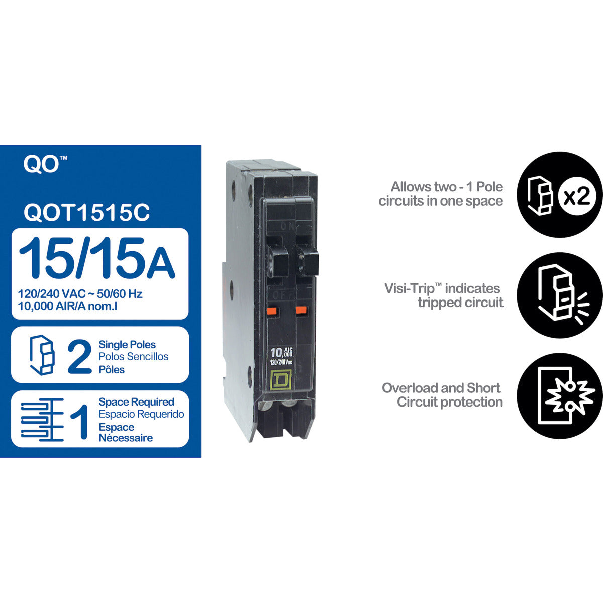 SCHNEIDER ELECTRIC Square D QOT1515 Miniature Circuit Breaker 15A/15A 120/240V 1Ph
