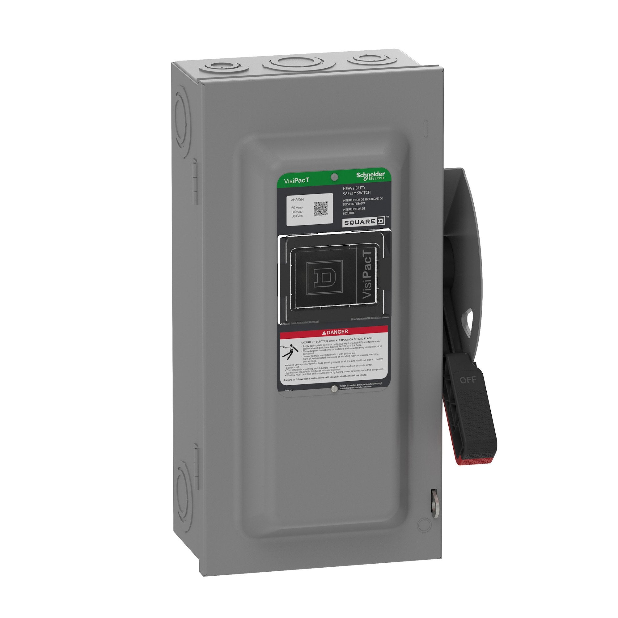 SCHNEIDER ELECTRIC Square D VH362N Safety Switch, Heavy Duty, Fused, Viewing Window, Type 1, 600V, 60A, 3 Pole, Neutral Installed