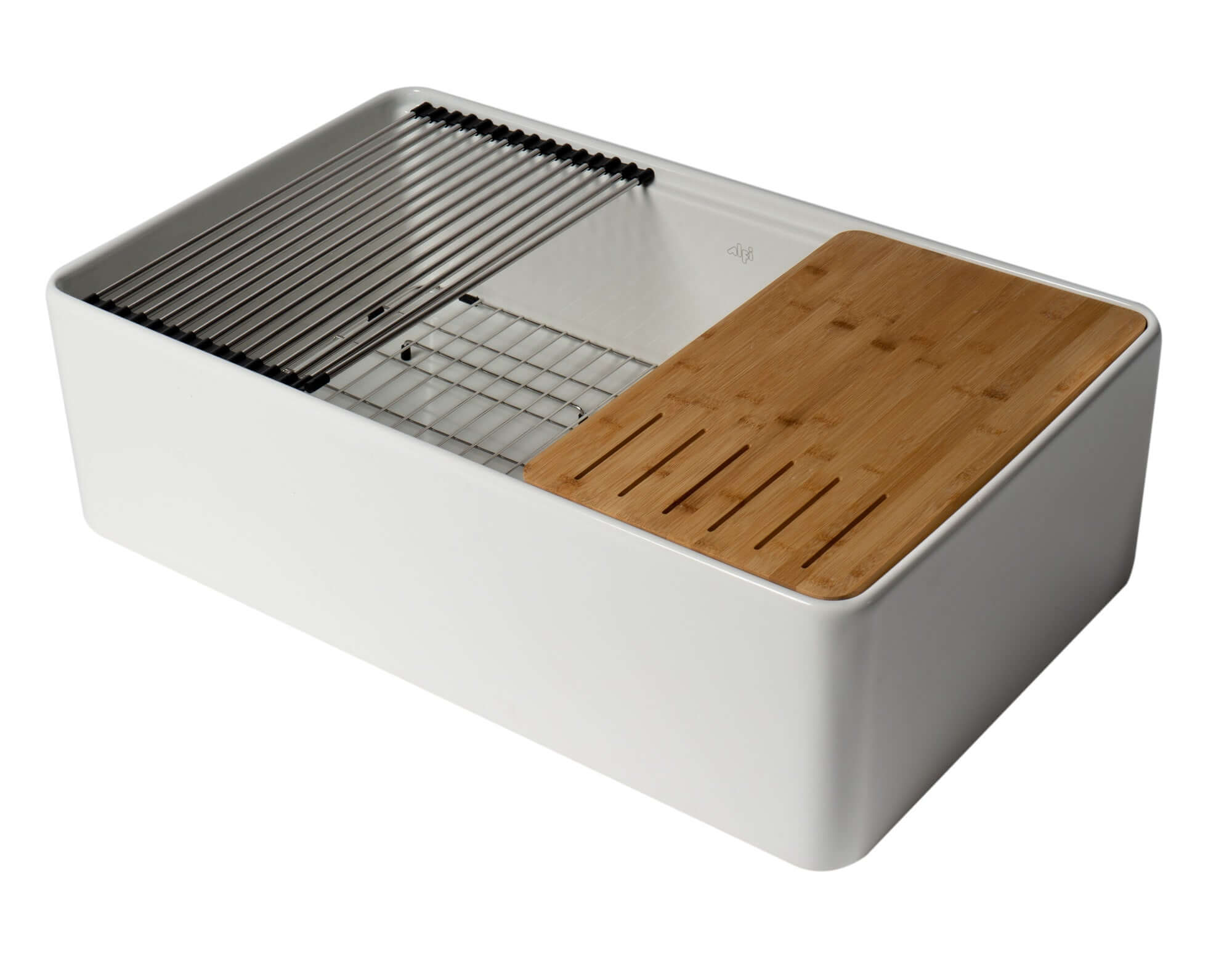 ALFI ALFI ABFS3320S-W 33 in. Step Rim Farmhouse/Apron-Front Single Bowl Fireclay Kitchen Sink Workstation /w Accessories